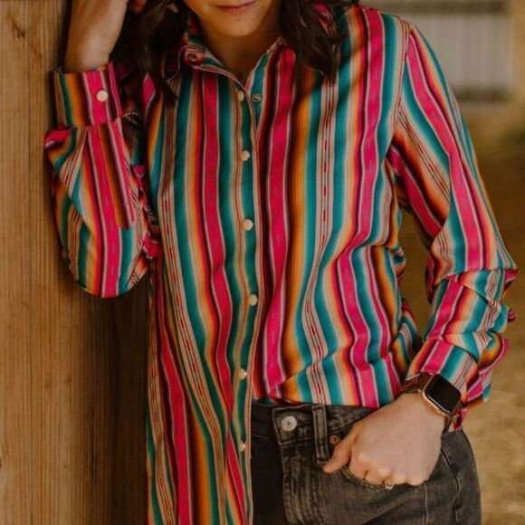 Western Cowgirl Aztec SerapeāPrint Long Sleeve Pearl Snap Casual Top New - Picture 7 of 12